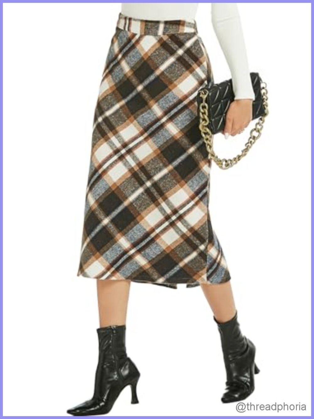 Women's Vintage Plaid Midi Straight Skirt with Zipper Closure